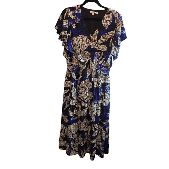 CHICOS FLORAL MAXI V-NECK DRESS SIZE 1.5 MEDIUM (SIZE 10) BLACK BLUE WHITE NWT - Picture 1 of 10